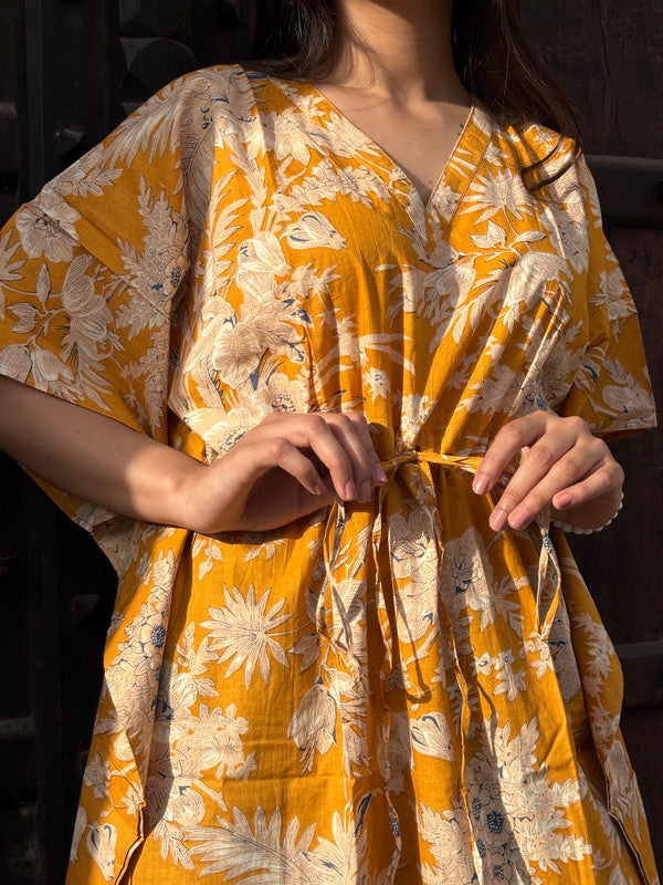 Indian Vintage Yellow Floral Kaftan Dress 100% Cotton Long Beach Maxi One Size - kraafty-com
