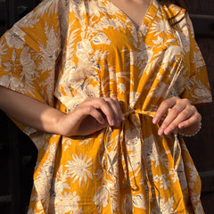 Indian Vintage Yellow Floral Kaftan Dress 100% Cotton Long Beach Maxi One Size - kraafty-com