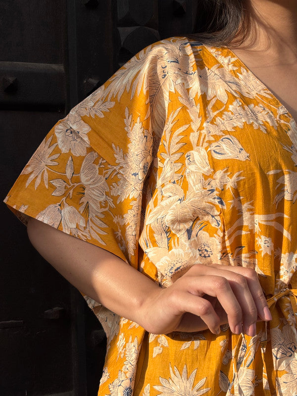 Indian Vintage Yellow Floral Kaftan Dress 100% Cotton Long Beach Maxi One Size - kraafty-com