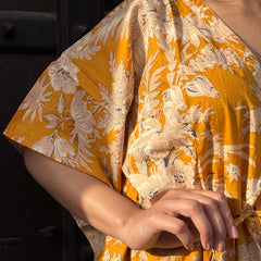 Indian Vintage Yellow Floral Kaftan Dress 100% Cotton Long Beach Maxi One Size - kraafty-com