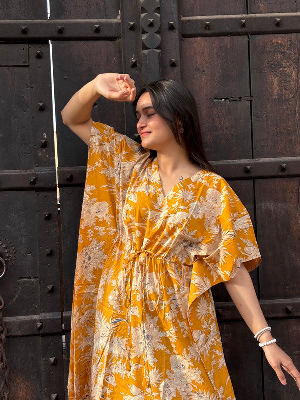 Indian Vintage Yellow Floral Kaftan Dress 100% Cotton Long Beach Maxi One Size - kraafty-com