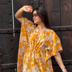 Indian Vintage Yellow Floral Kaftan Dress 100% Cotton Long Beach Maxi One Size - kraafty-com