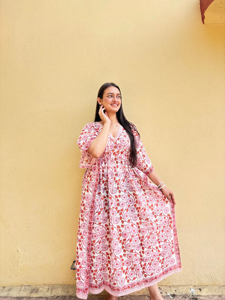 Indian Vintage Pink Floral Kaftan Dress 100% Cotton Long Beach Maxi Kimono One Size