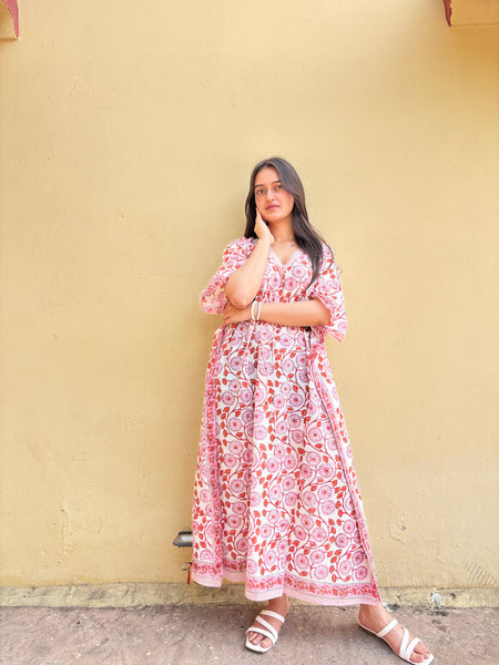 Indian Vintage Pink Floral Kaftan Dress 100% Cotton Long Beach Maxi Kimono One Size