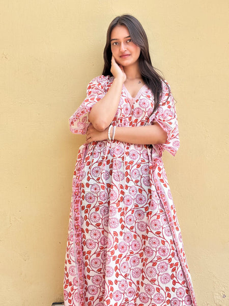 Indian Vintage Pink Floral Kaftan Dress 100% Cotton Long Beach Maxi Kimono One Size