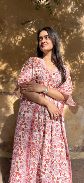 Indian Vintage Pink Floral Kaftan Dress 100% Cotton Long Beach Maxi Kimono One Size