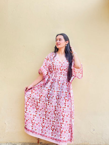 Indian Vintage Pink Floral Kaftan Dress 100% Cotton Long Beach Maxi Kimono One Size