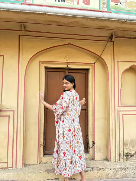 100% Cotton White Floral Kaftan Indian Vintage Maxifor Beach or Lounge