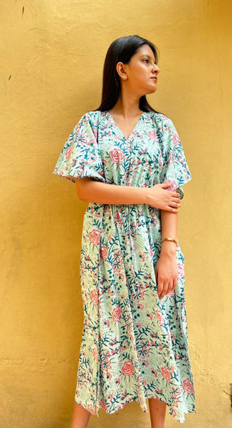 100% Cotton GREEN Floral Kaftan Indian Vintage Maxi for Beach or Lounge