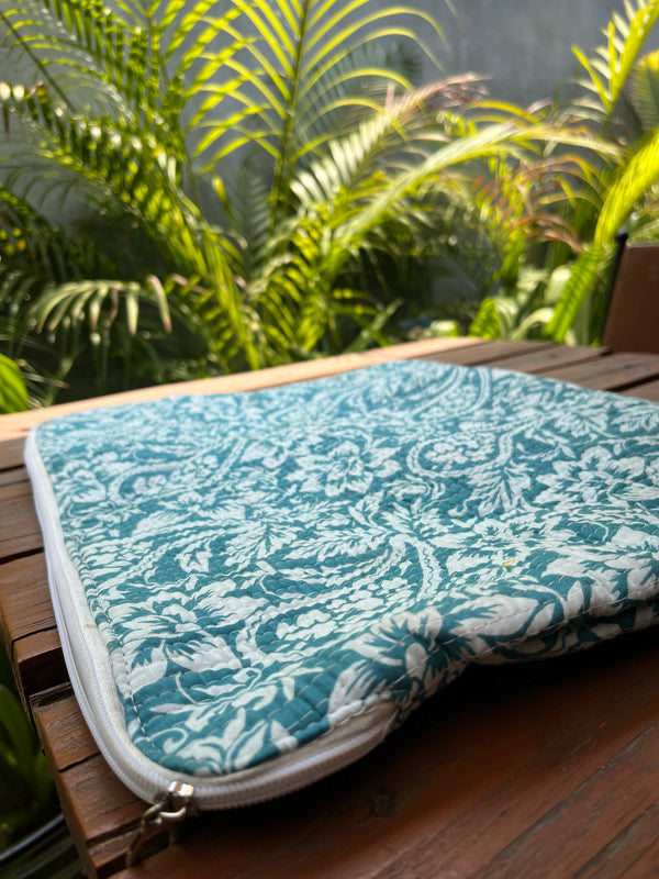 Reversible Handprinted Quilted Cotton Laptop Bag - Boho Floral & Striped Patchwork