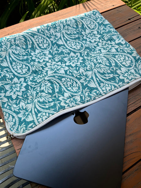 Reversible Handprinted Quilted Cotton Laptop Bag - Boho Floral & Striped Patchwork