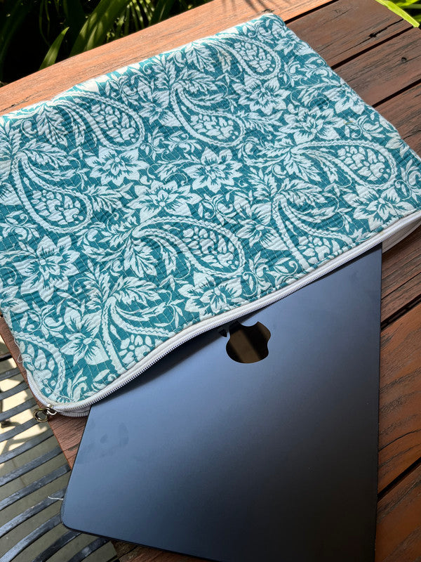 Reversible Handprinted Quilted Cotton Laptop Bag - Boho Floral & Striped Patchwork
