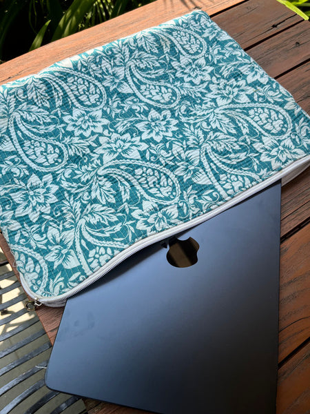 Reversible Handprinted Quilted Cotton Laptop Bag - Boho Floral & Striped Patchwork