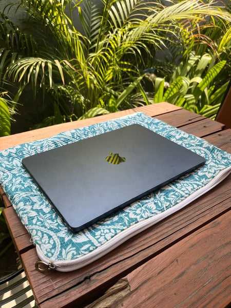 Reversible Handprinted Quilted Cotton Laptop Bag - Boho Floral & Striped Patchwork