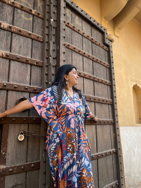 100% Cotton blue Floral Kaftan Indian Vintage Maxi for Beach or Lounge