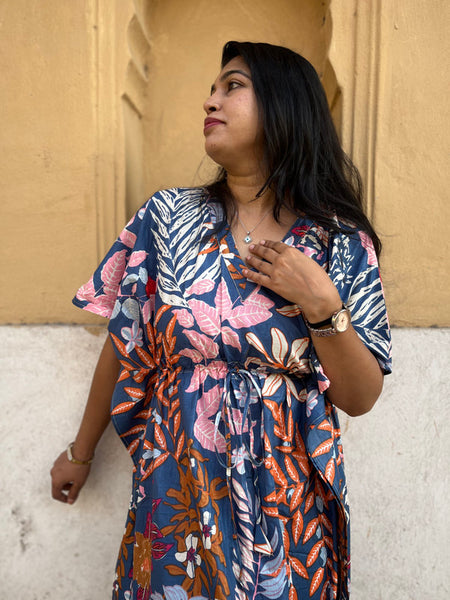 100% Cotton blue Floral Kaftan Indian Vintage Maxi for Beach or Lounge