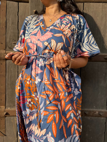 100% Cotton blue Floral Kaftan Indian Vintage Maxi for Beach or Lounge