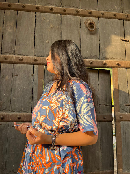 100% Cotton blue Floral Kaftan Indian Vintage Maxi for Beach or Lounge