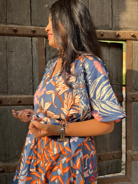 100% Cotton blue Floral Kaftan Indian Vintage Maxi for Beach or Lounge