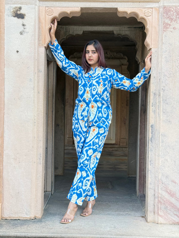Women's Long Sleeve Pajama Set Blue Floral Paisley Print Cozy Sleepwear Gift for Her