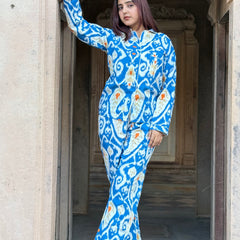 Women's Long Sleeve Pajama Set Blue Floral Paisley Print Cozy Sleepwear Gift for Her