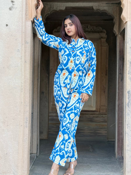 Women's Long Sleeve Pajama Set Blue Floral Paisley Print Cozy Sleepwear Gift for Her