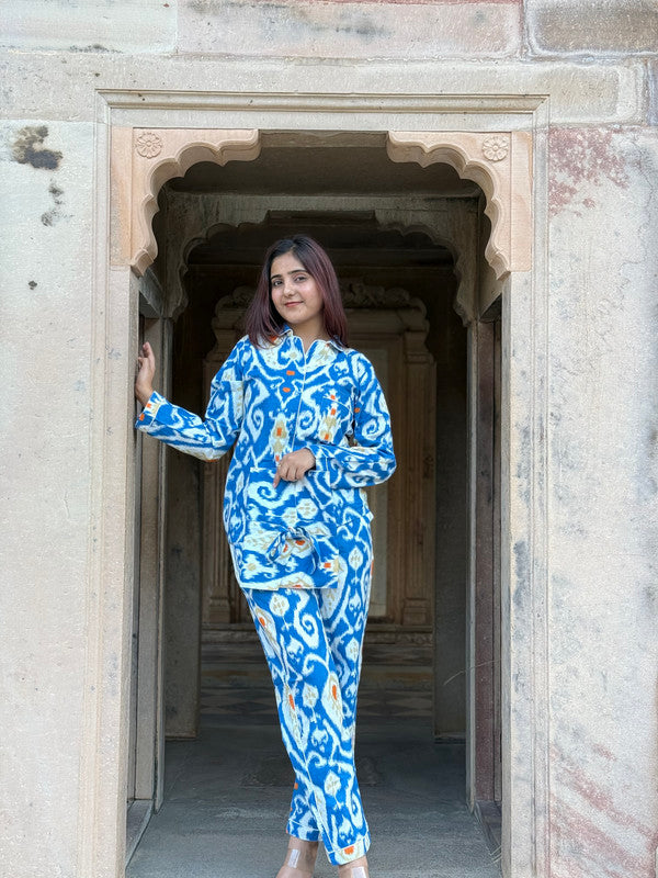 Women's Long Sleeve Pajama Set Blue Floral Paisley Print Cozy Sleepwear Gift for Her