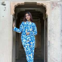 Women's Long Sleeve Pajama Set Blue Floral Paisley Print Cozy Sleepwear Gift for Her