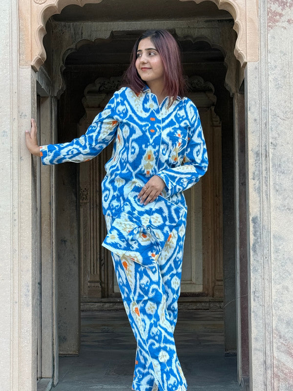 Women's Long Sleeve Pajama Set Blue Floral Paisley Print Cozy Sleepwear Gift for Her