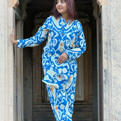Women's Long Sleeve Pajama Set Blue Floral Paisley Print Cozy Sleepwear Gift for Her