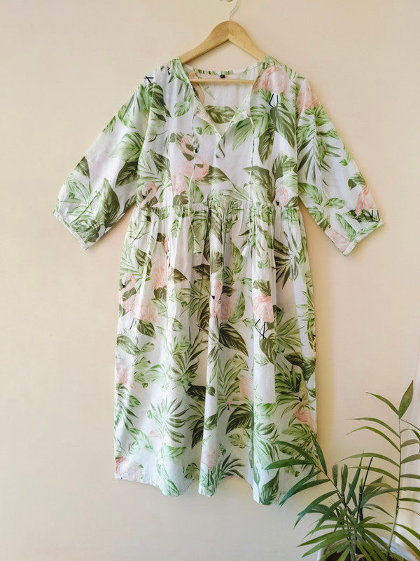 Handmade Stripes Tiger Midi Dress - Cotton Summer Boho Dress with Deep V-Neck & Block Print Design - 4