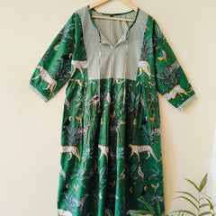 Handmade Stripes Tiger Midi Dress - Cotton Summer Boho Dress with Deep V-Neck & Block Print Design - 3