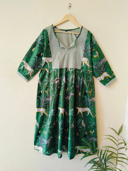 Handmade Stripes Tiger Midi Dress - Cotton Summer Boho Dress with Deep V-Neck & Block Print Design - 3