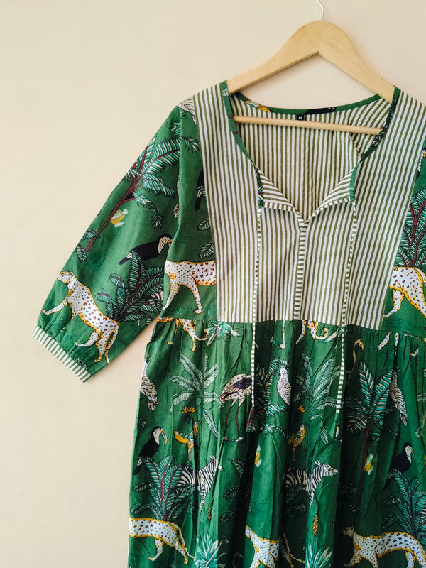 Handmade Stripes Tiger Midi Dress - Cotton Summer Boho Dress with Deep V-Neck & Block Print Design - 3