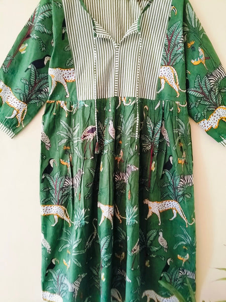 Handmade Stripes Tiger Midi Dress - Cotton Summer Boho Dress with Deep V-Neck & Block Print Design - 3