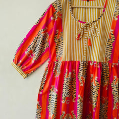 Handmade Stripes Tiger Midi Dress - Cotton Summer Boho Dress with Deep V-Neck & Block Print Design - 1