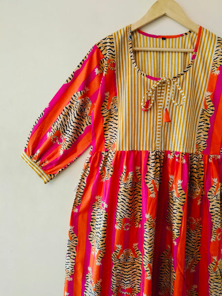 Handmade Stripes Tiger Midi Dress - Cotton Summer Boho Dress with Deep V-Neck & Block Print Design - 1