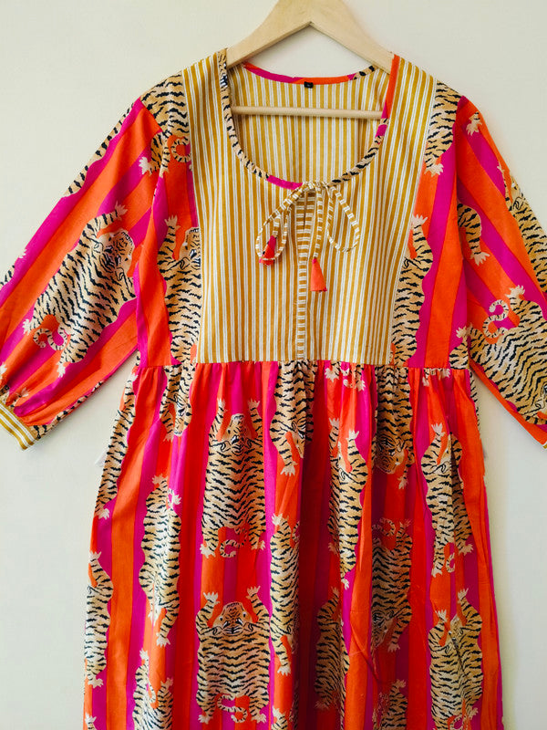 Handmade Stripes Tiger Midi Dress - Cotton Summer Boho Dress with Deep V-Neck & Block Print Design - 1