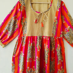 Handmade Stripes Tiger Midi Dress - Cotton Summer Boho Dress with Deep V-Neck & Block Print Design - 1