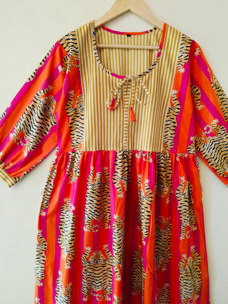 Handmade Stripes Tiger Midi Dress - Cotton Summer Boho Dress with Deep V-Neck & Block Print Design - 1