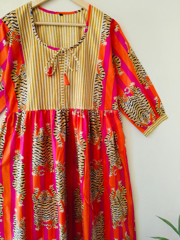 Handmade Stripes Tiger Midi Dress - Cotton Summer Boho Dress with Deep V-Neck & Block Print Design - 1
