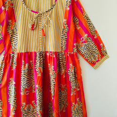 Handmade Stripes Tiger Midi Dress - Cotton Summer Boho Dress with Deep V-Neck & Block Print Design - 1