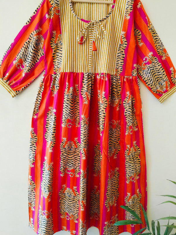 Handmade Stripes Tiger Midi Dress - Cotton Summer Boho Dress with Deep V-Neck & Block Print Design - 1