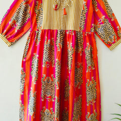 Handmade Stripes Tiger Midi Dress - Cotton Summer Boho Dress with Deep V-Neck & Block Print Design - 1