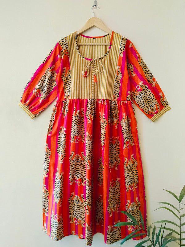 Handmade Stripes Tiger Midi Dress - Cotton Summer Boho Dress with Deep V-Neck & Block Print Design - 1