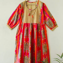 Handmade Stripes Tiger Midi Dress - Cotton Summer Boho Dress with Deep V-Neck & Block Print Design - 1