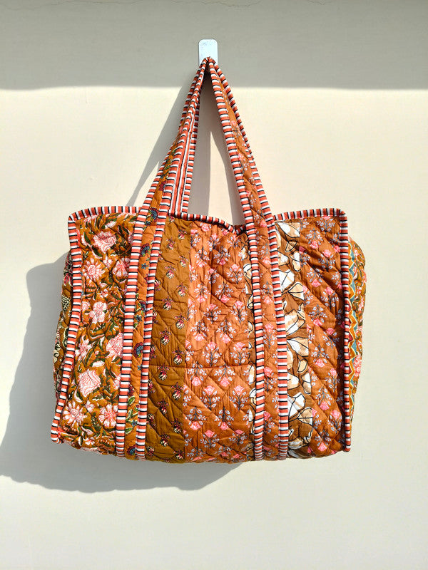 Quilted cotton handprinted reversible large floral patch work stripe tote bag eco friendly Sturdy Grocery Shopping Artist Boho - 43