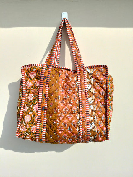 Quilted cotton handprinted reversible large floral patch work stripe tote bag eco friendly Sturdy Grocery Shopping Artist Boho - 43