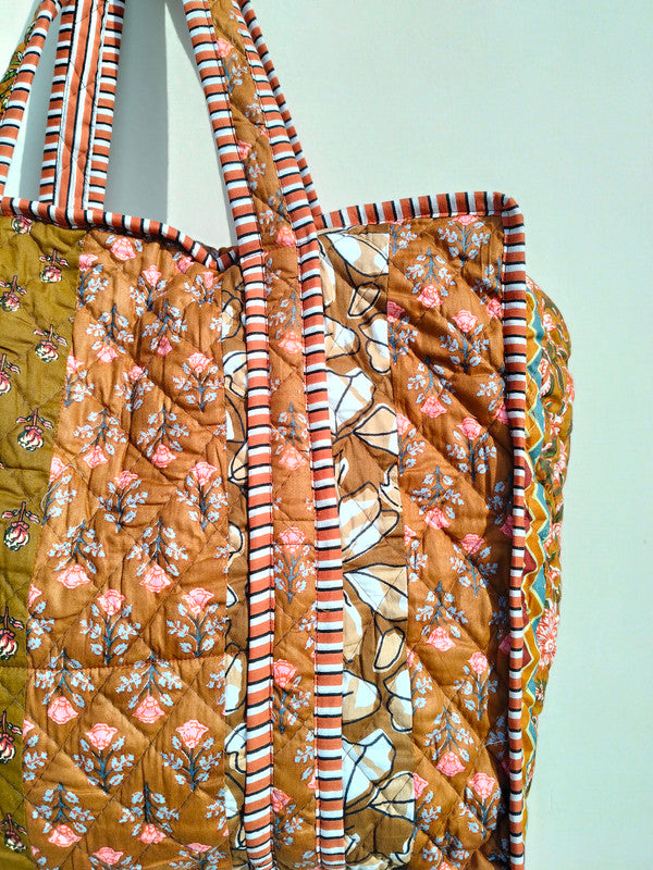 Quilted cotton handprinted reversible large floral patch work stripe tote bag eco friendly Sturdy Grocery Shopping Artist Boho - 43