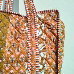 Quilted cotton handprinted reversible large floral patch work stripe tote bag eco friendly Sturdy Grocery Shopping Artist Boho - 43